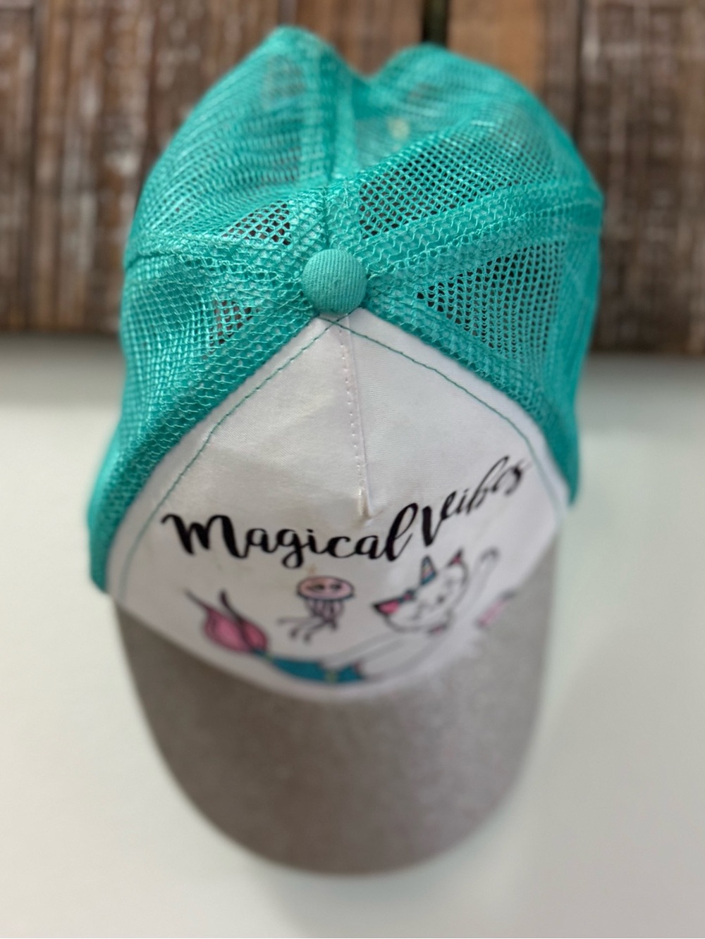 Magical Vibes Mesh Trucker Hat in Teal & Gray
